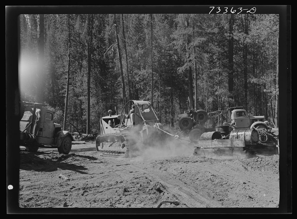 [Untitled photo, possibly related to: Grant County, Oregon. Malheur National Forest. Diesel caterpillar tractor, log truck…
