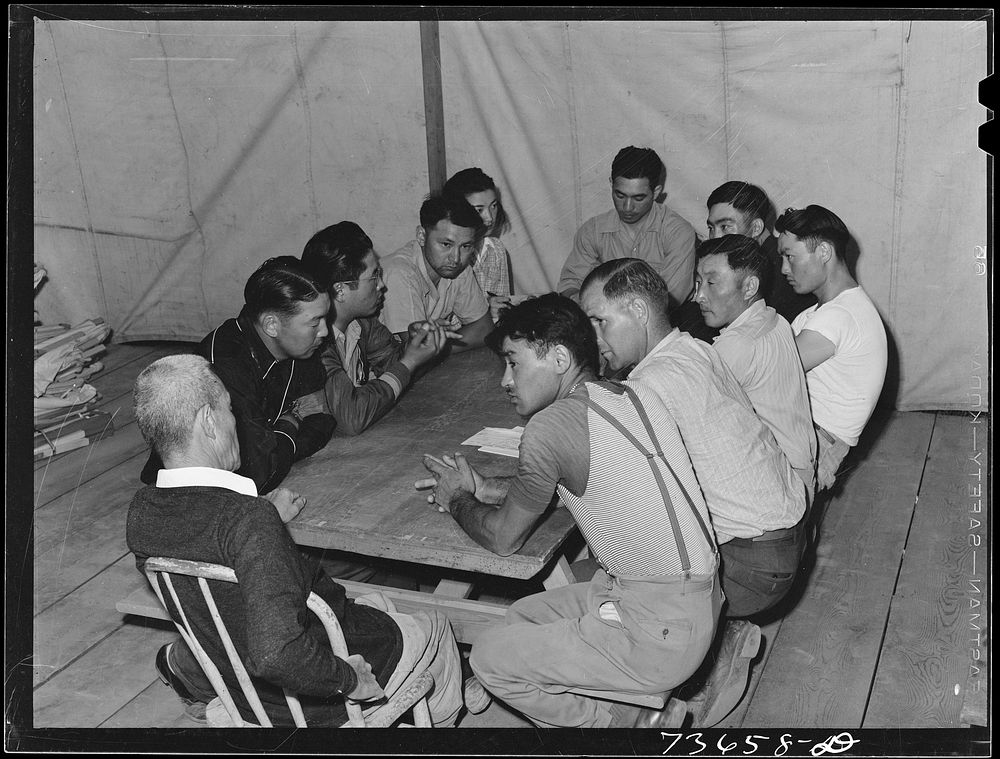 Nyssa, Oregon. FSA (Farm Security Administration) mobile camp. Camp council meeting. The Japanese-American residents of the…