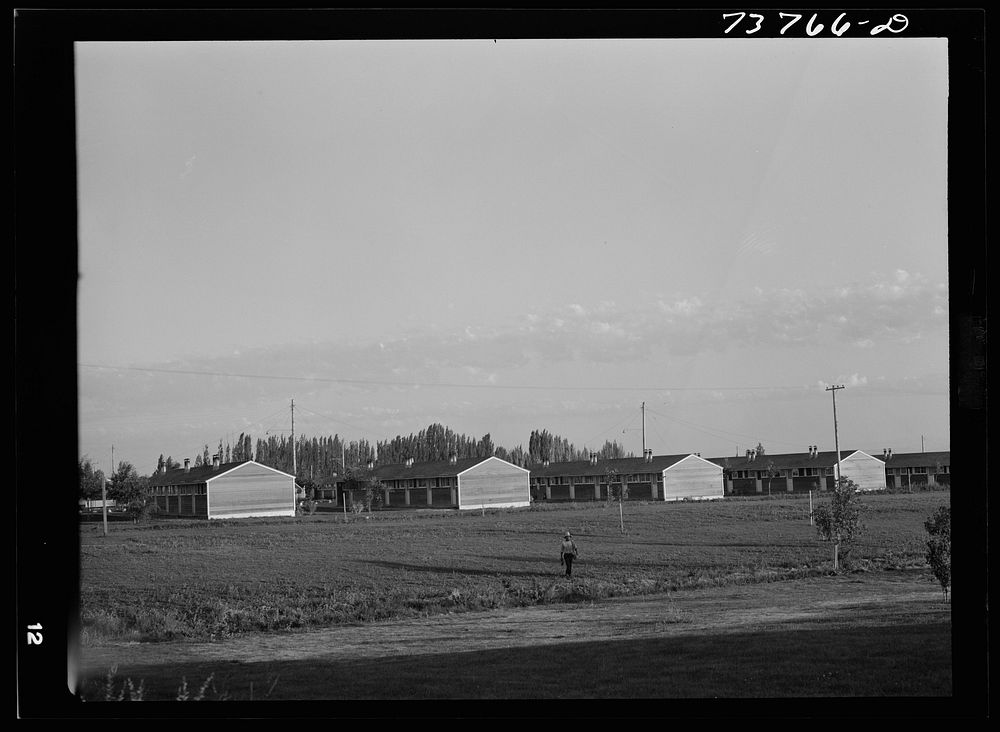Twin Falls, Idaho. FSA (Farm Security Administration) farm workers' camp. Row shelters in which the Japanese live by Russell…