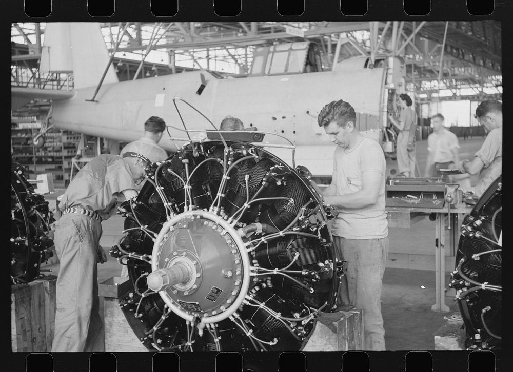 Nashville, Tennessee. Vultee Aircraft Company. In the engine installation section. Sourced from the Library of Congress.
