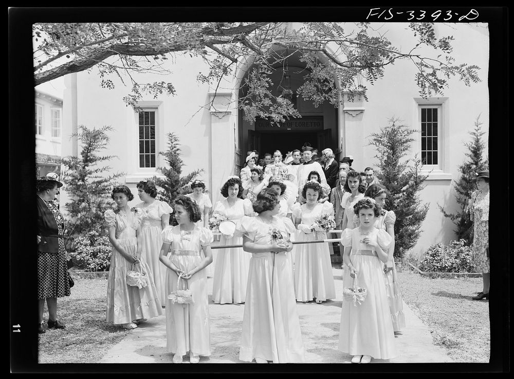 [Untitled photo, possibly related to: The Queen of the Portuguese-American Festival of the Holy Ghost leaving the church…