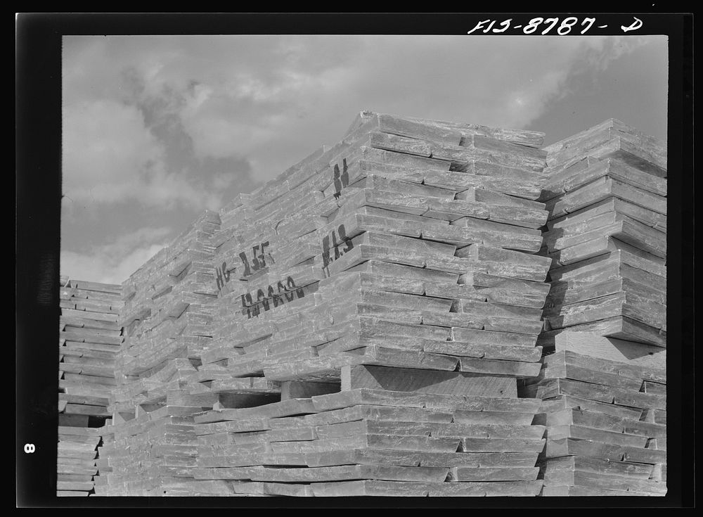 Great Falls, Montana. Anaconda Copper Mining Company. Slabs of zinc ready to be shipped to market by Russell Lee