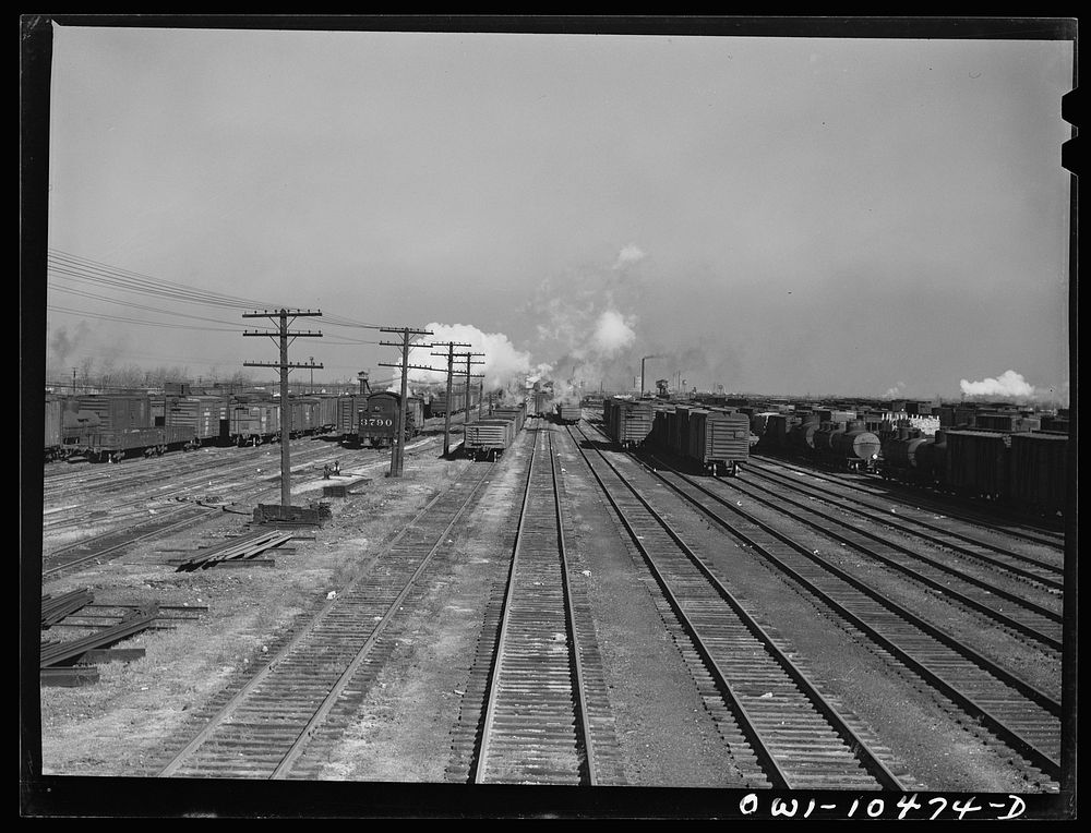 Chicago, Illinois. Cars on classification tracks at an Illinois Central Railroad yard. Sourced from the Library of Congress.