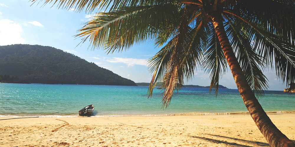 A Lone palm tree and boat on an empty tropical island, Malaysia.