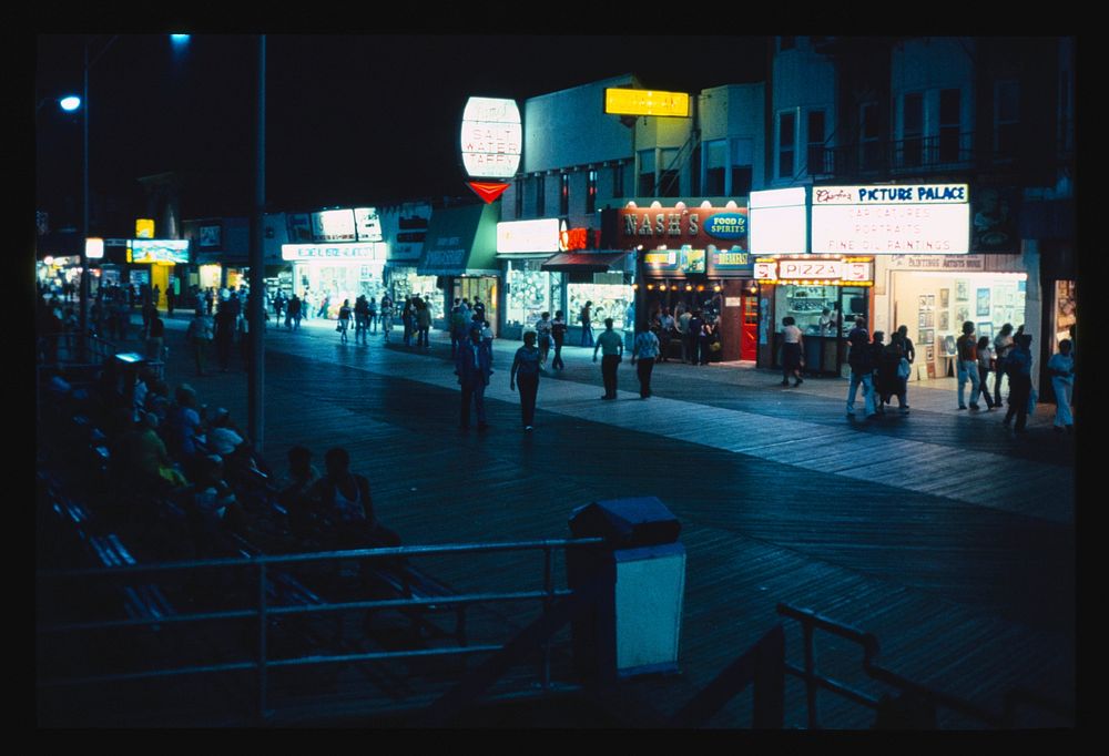 Boardwalk at night, Atlantic City, New Jersey (1978) photography in high resolution by John Margolies. Original from the…