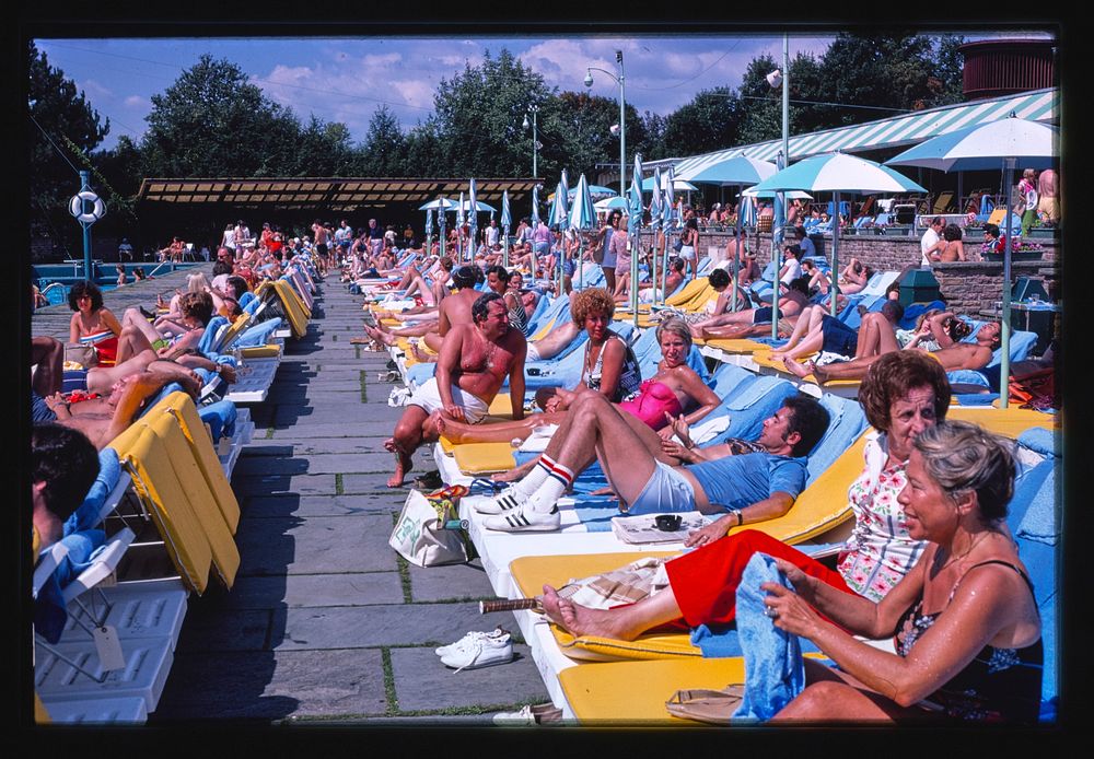 Grossinger's poolside, Liberty, New York (1977) photography in high resolution by John Margolies. Original from the Library…