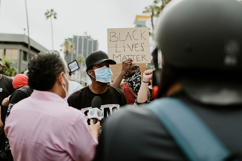 Protester being interviewed by a news channel during the Black Lives Matter protests in downtown Los Angeles. 8 JUL, 2020…