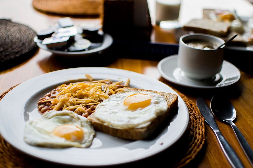 Free fried eggs toast breakfast image, public domain food CC0 photo.