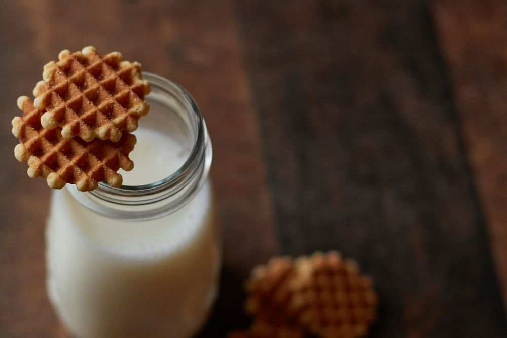 Waffle snack and milk, free public domain CC0 photo.