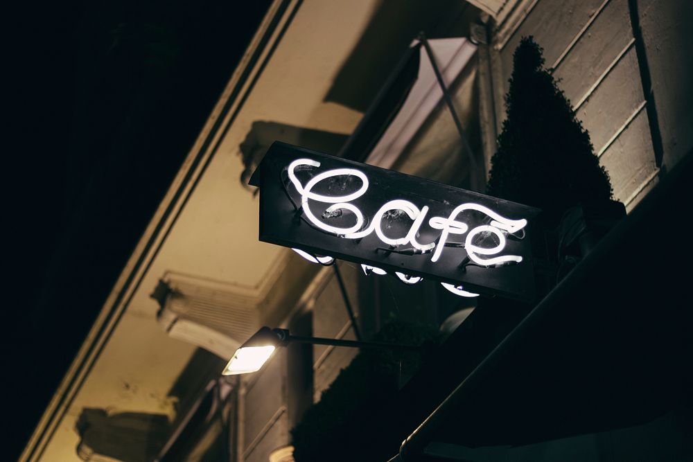 Free cafe neon sign at night image, public domain CC0 photo.