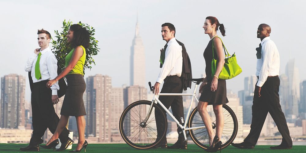 Green business commuters in the city. 