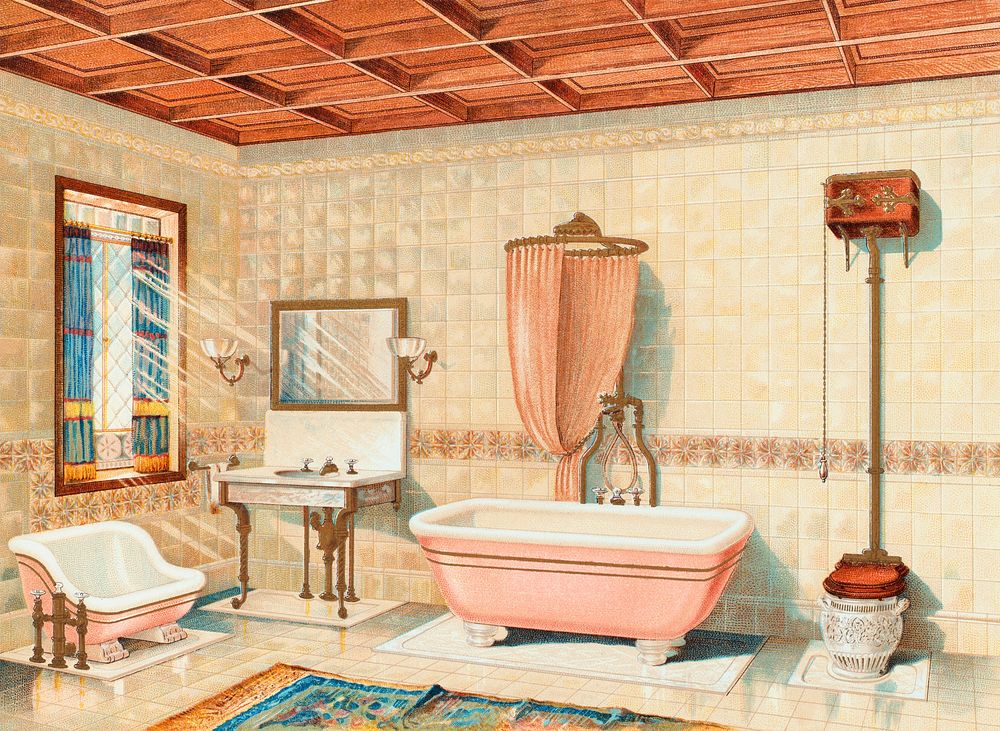 Vintage bathroom interior published in 1877-1893 by J.L. Mott Iron Works. Original from New York public library. Digitally…