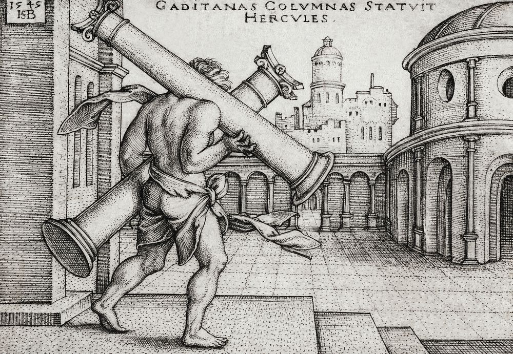 Vintage illustration of Hercules and the Columns of Gaza published in 1545 by Hans Sebald Beham (1500-1550). Original from…