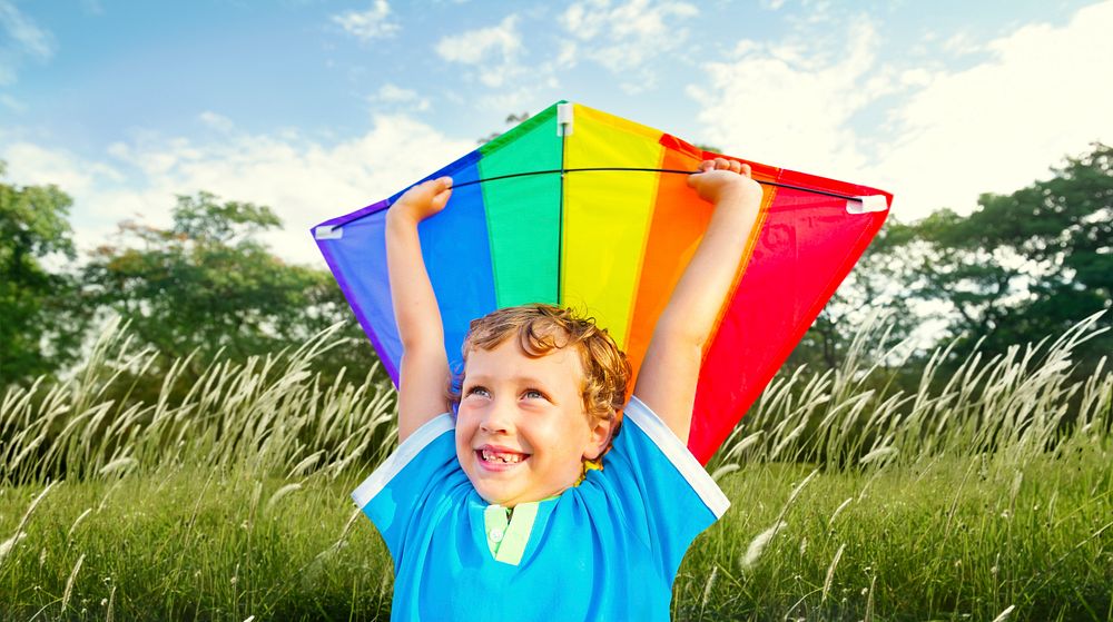 Boy holding up a kite