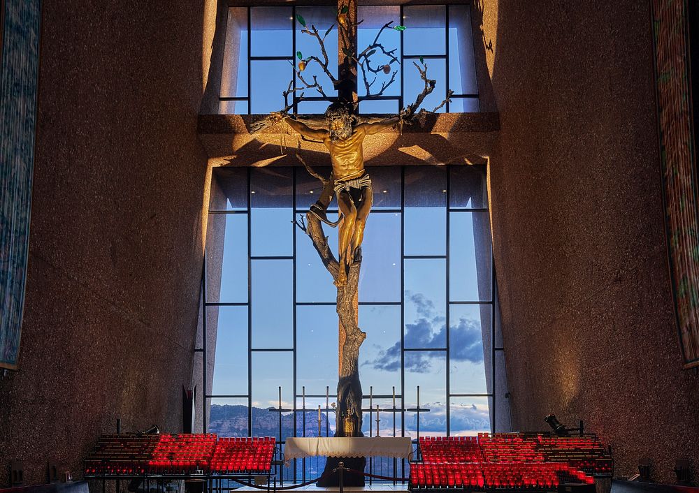 Interior view of the Chapel of the Holy Cross following a candlelight vigil in Sedona, Arizona, a small city and popular…