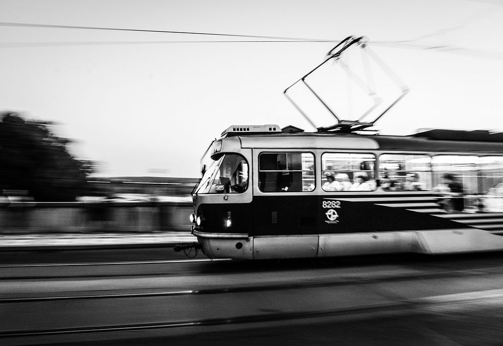 Cable car driving in speed black and white photo, free public domain CC0 image.