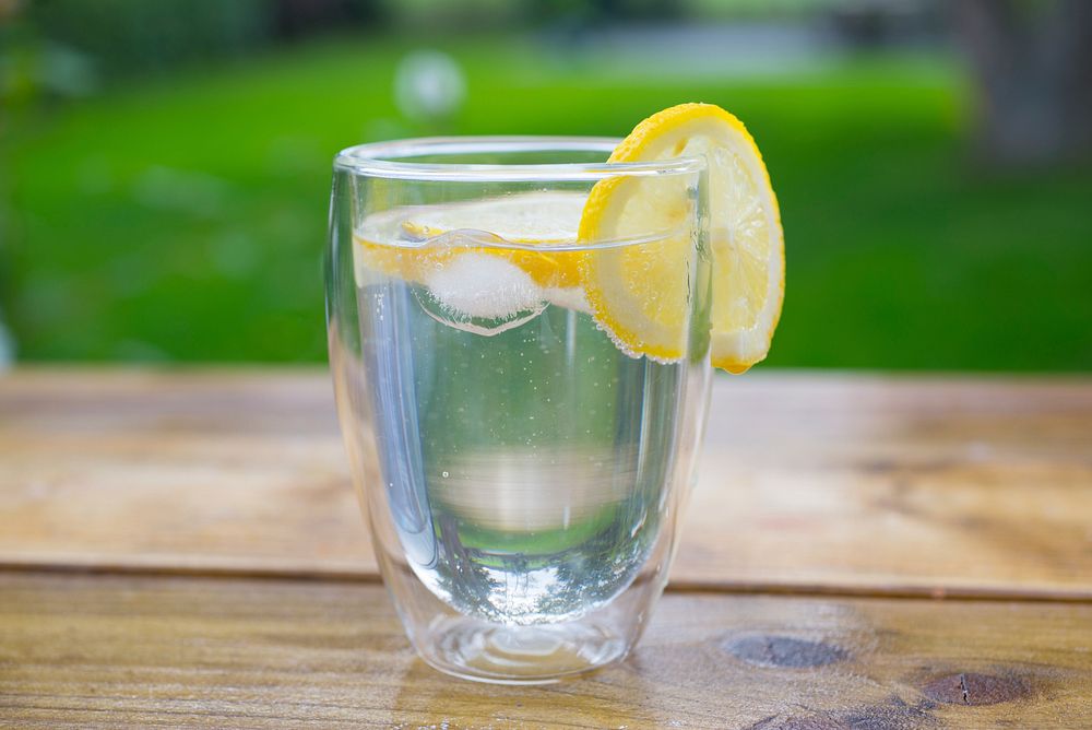 Free soda water with lemon slice photo, public domain beverage CC0 image.