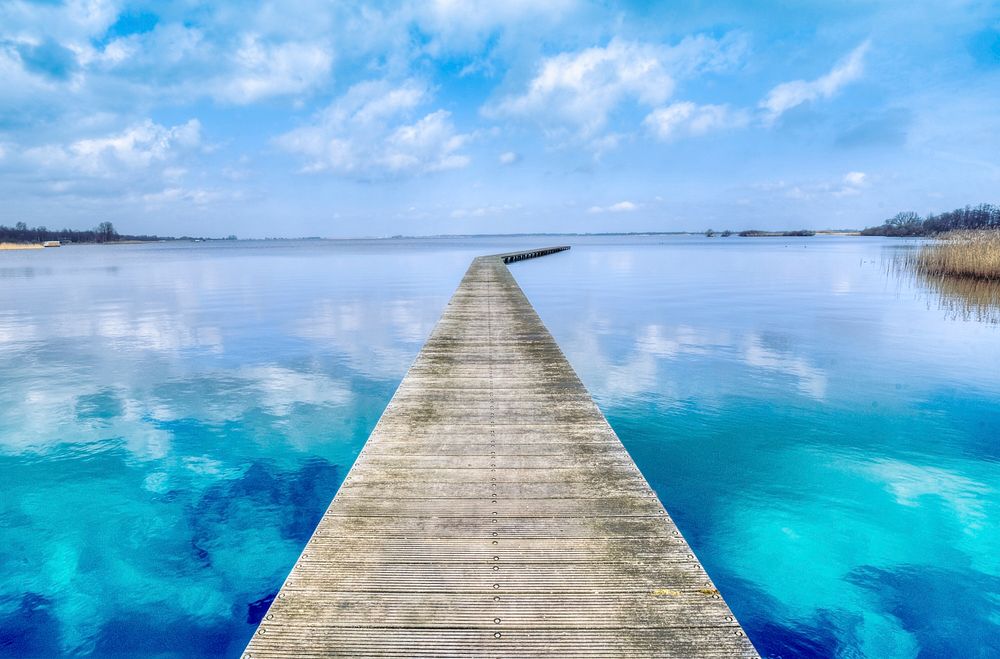 Boardwalk to deep blue lake, free public domain CC0 photo.