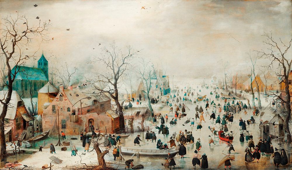 Winter Landscape with Ice Skaters (1608) by Hendrick Avercamp. Original from The Rijksmuseum. Digitally enhanced by rawpixel.