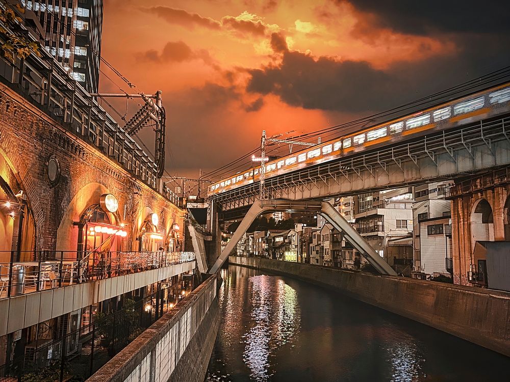 Sunset, Train Passes Over Canal, Tokyo, Japan