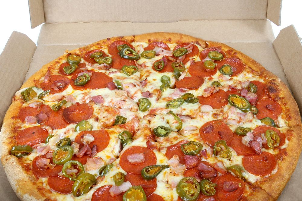 Free big pizza in box image, public domain food CC0 photo.
