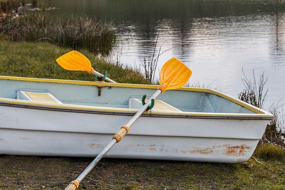 Free rowboat on the shore of a river image, public domain CC0 photo.