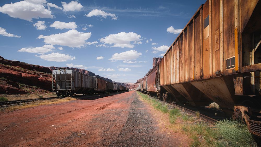 Desktop wallpaper background, rusty trains on a rail yard in Utah, USA