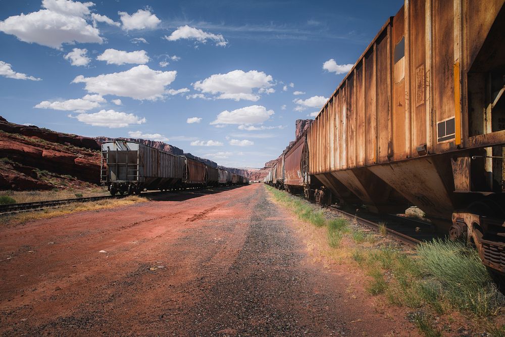 Rusty trains on a rail yard in Utah, USA