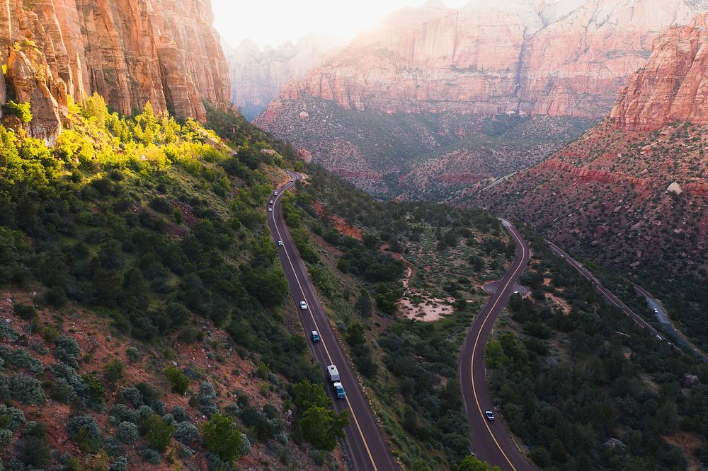 Drone shot of a scenic route in Zion National Park, Utah, USA