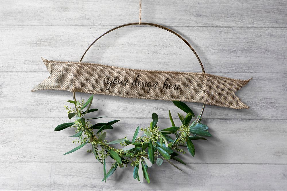 European olive wreath with a gold ribbon mockup