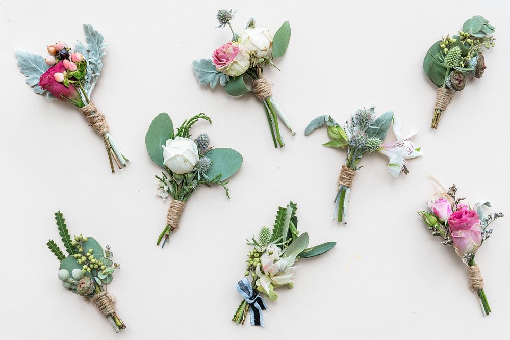 Various boutonniere on a white background