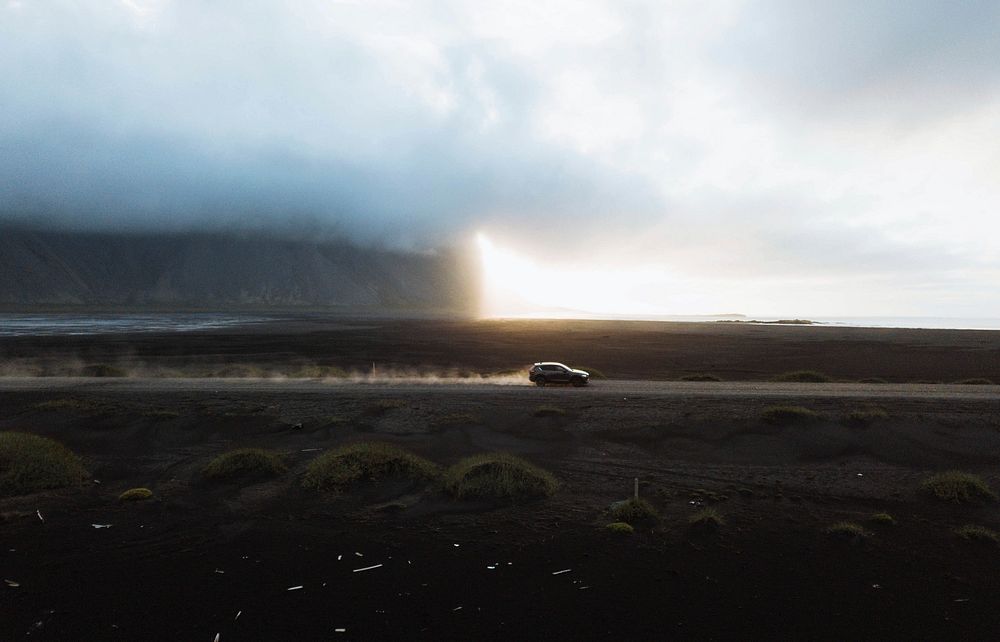 Car drive on the Stokksnes peninsula in Southeast Iceland