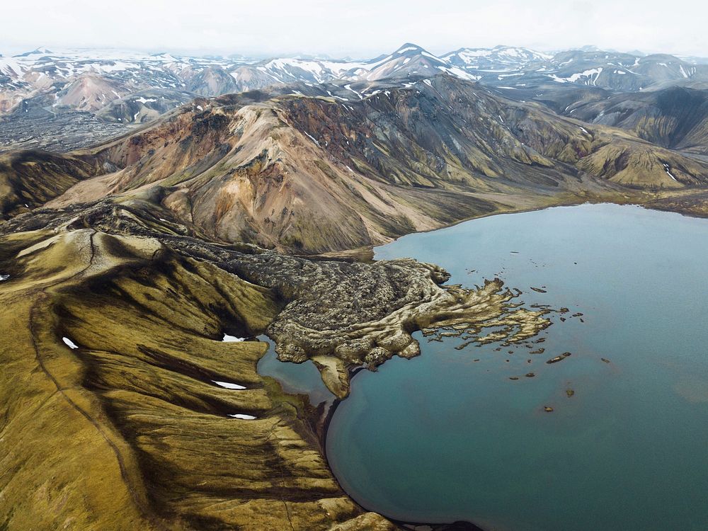 Drone shot of Ljotipollur volcanic crater at Landmannalaugar in the Fjallabak Nature Reserve, the Highlands of Iceland