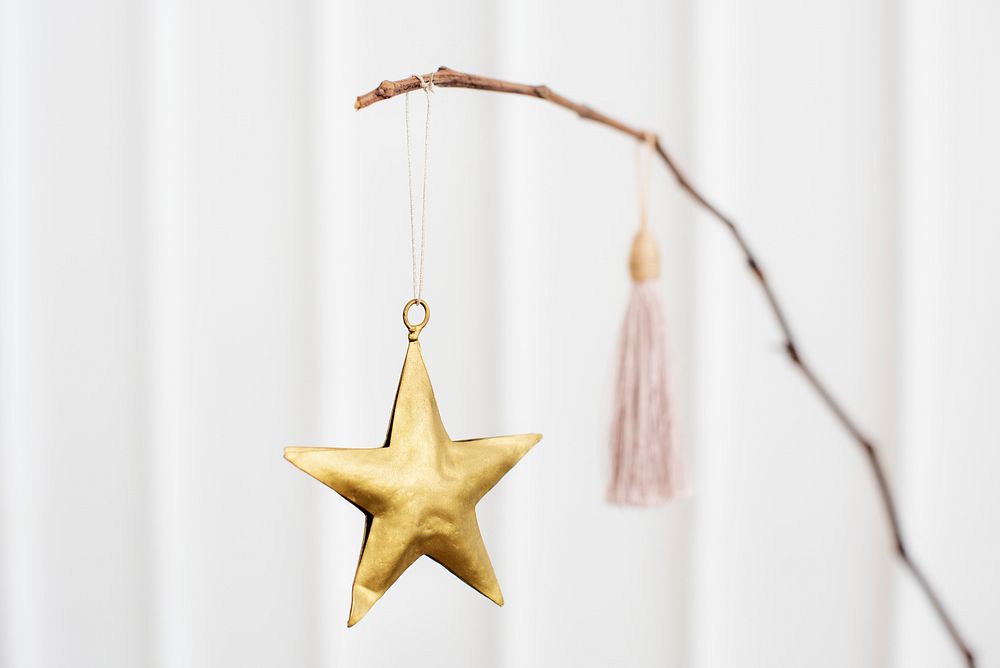 Golden festive star hanging on a branch