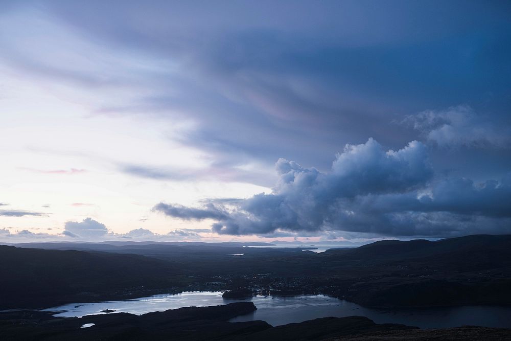Cloudy sky over a city of Isle of Skye, Scotland