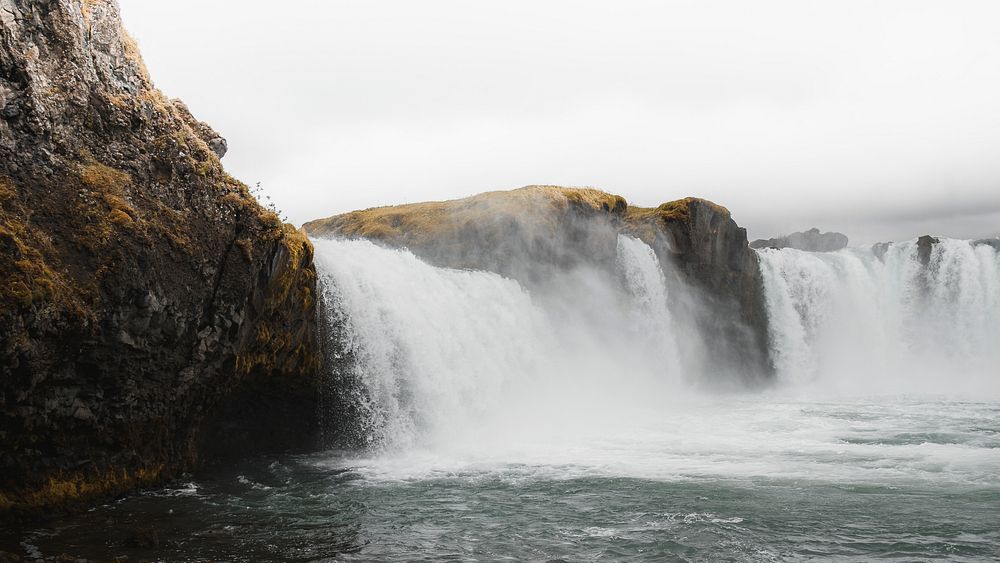 Waterfall on rocky cliffs in Iceland