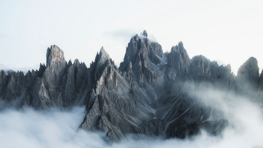 Mountain desktop wallpaper background, misty Tre Cime di Lavaredo