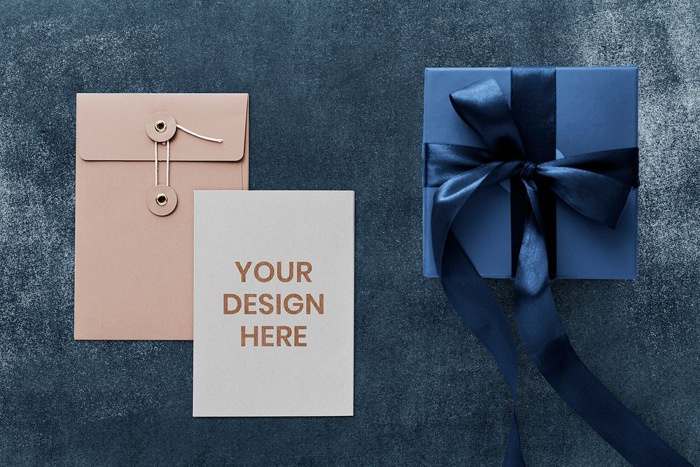 Blue valentines present by a card psd mockup