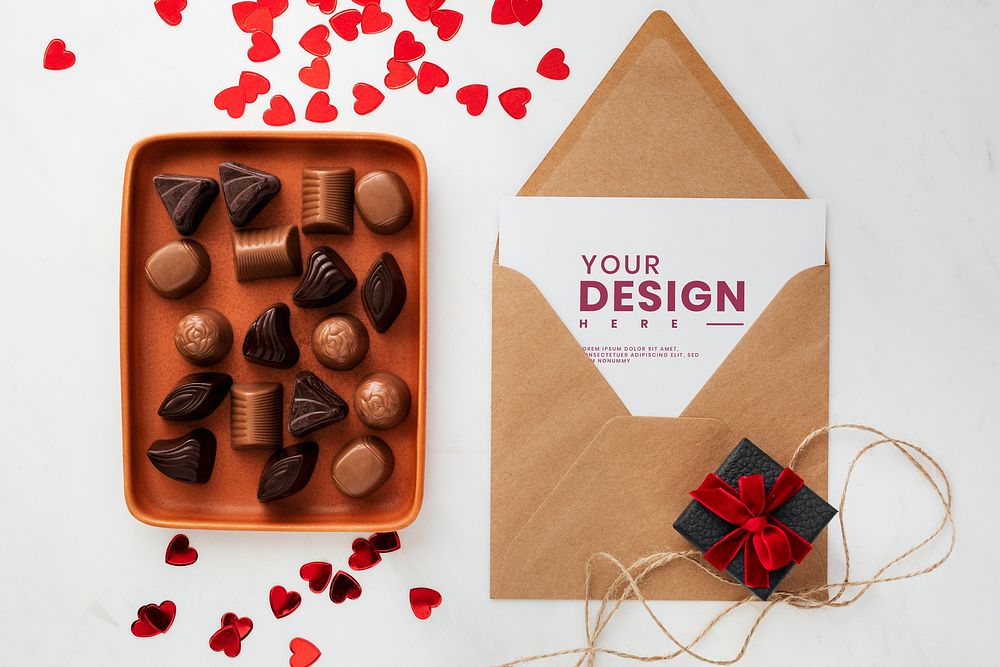 Valentines day card mockup by a tray of chocolates 