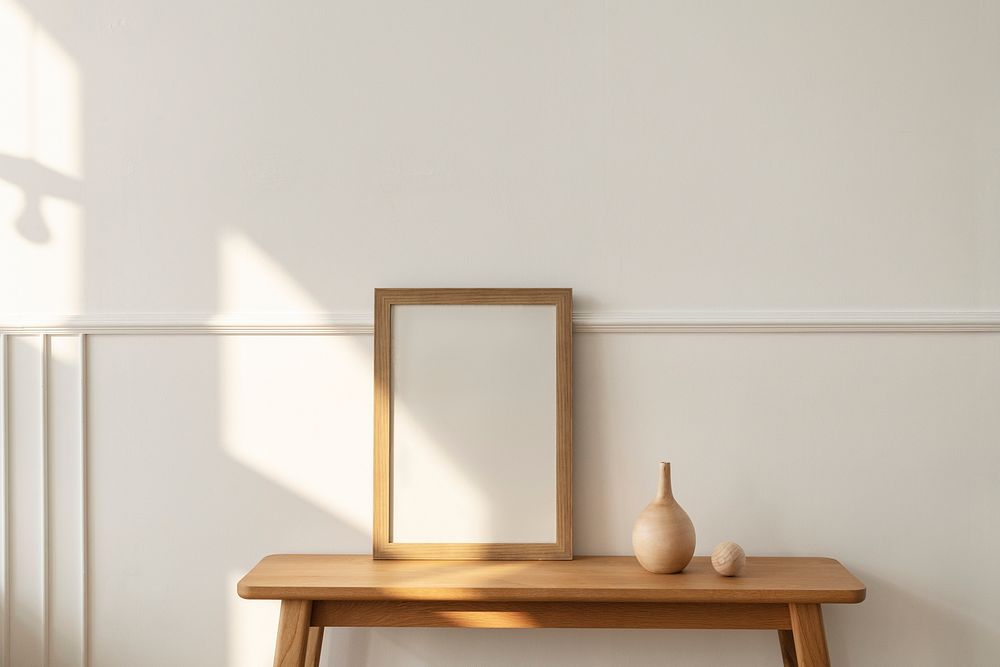 Blank wooden frame on a bench in a modern living room