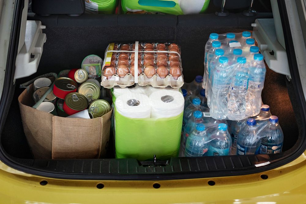 Food hoarding in a car trunk during coronavirus pandemic