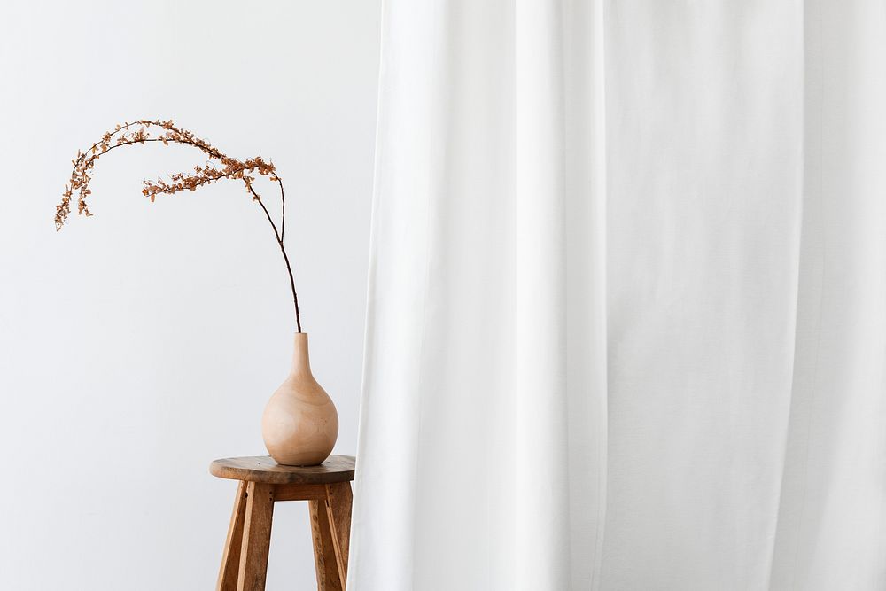 Dry Forsythia branch in a wooden vase on a stool by a white curtain