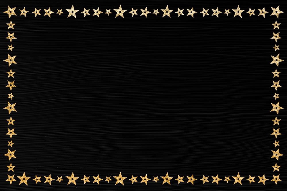 Gold sparkling star rectangular border frame on onyx black background