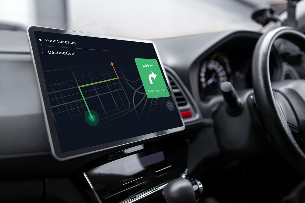 Gps navigation tablet screen mockup psd in self driving car