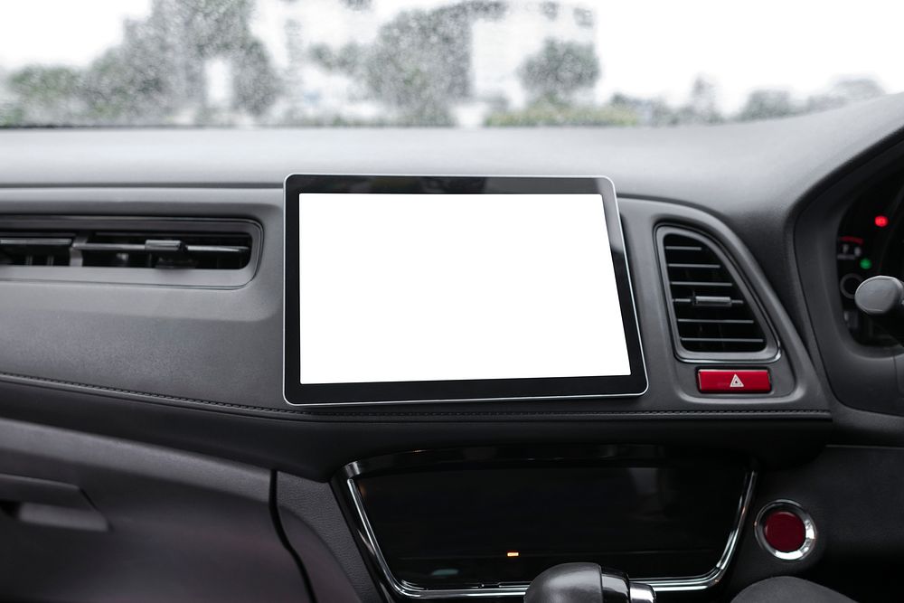 White tablet screen mockup psd in self driving car