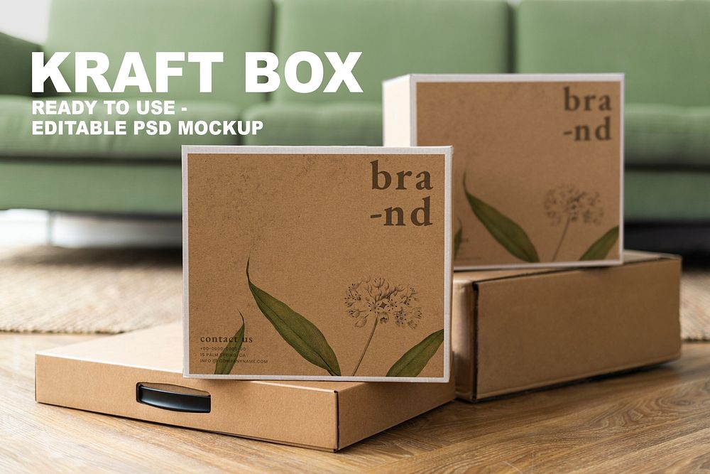 Kraft boxes packaging mockup psd for organic brands&rsquo; delivery with design space