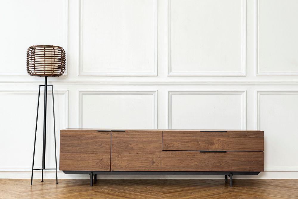 Wooden TV cabinet in minimal designed living room
