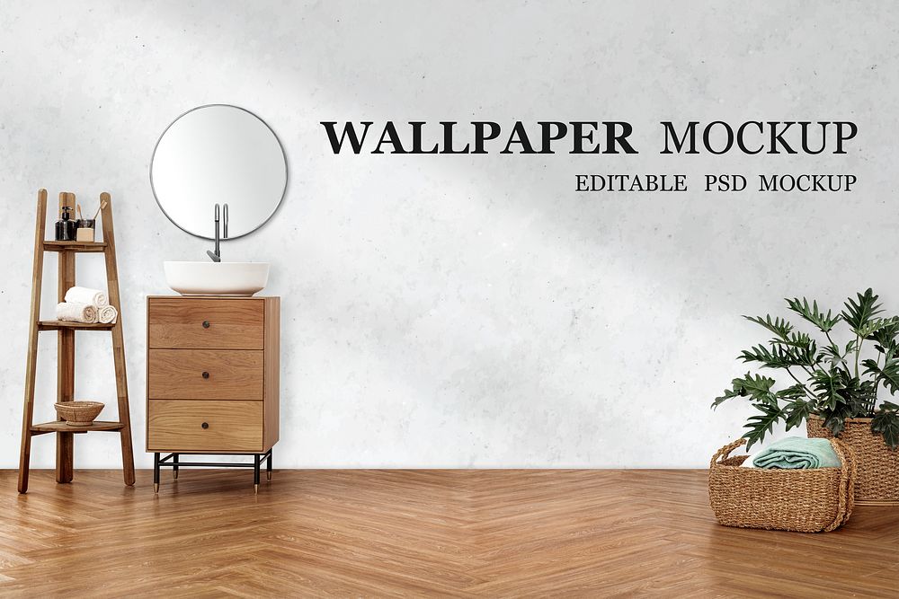 Empty wall mockup psd in the living room with Japandi interior design