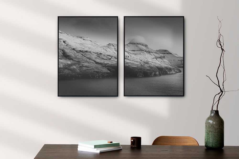 Picture frames mockup psd hanging on the wall Scandinavian interior design