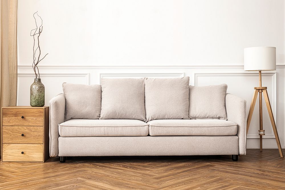 Beige sofa in Scandinavian designed living room home interior
